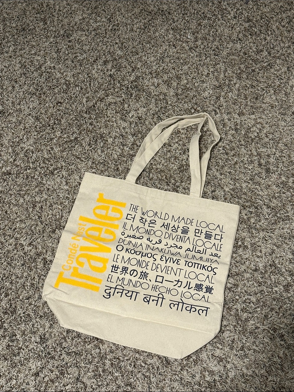 Traveler Canvas Tote Bag in Beige with Yellow Print